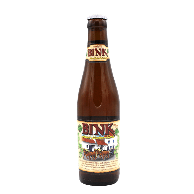Bottiglia 33 Cl. della birra artigianale Bink Blond della Brouwerij Kerkom, Sint-Truiden